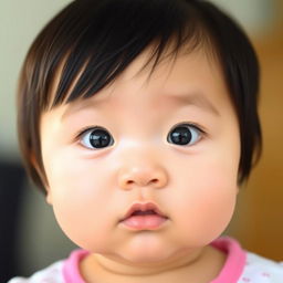 A one-year-old Asian baby with clear skin, straight black hair, and bright blue eyes