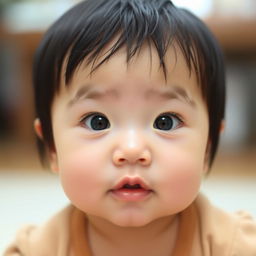 A one-year-old Asian baby with clear skin, straight black hair, and bright blue eyes