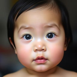 A one-year-old Asian baby with clear skin, straight black hair, and bright blue eyes