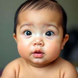 A one-year-old Asian baby with clear skin, straight black hair, and bright blue eyes