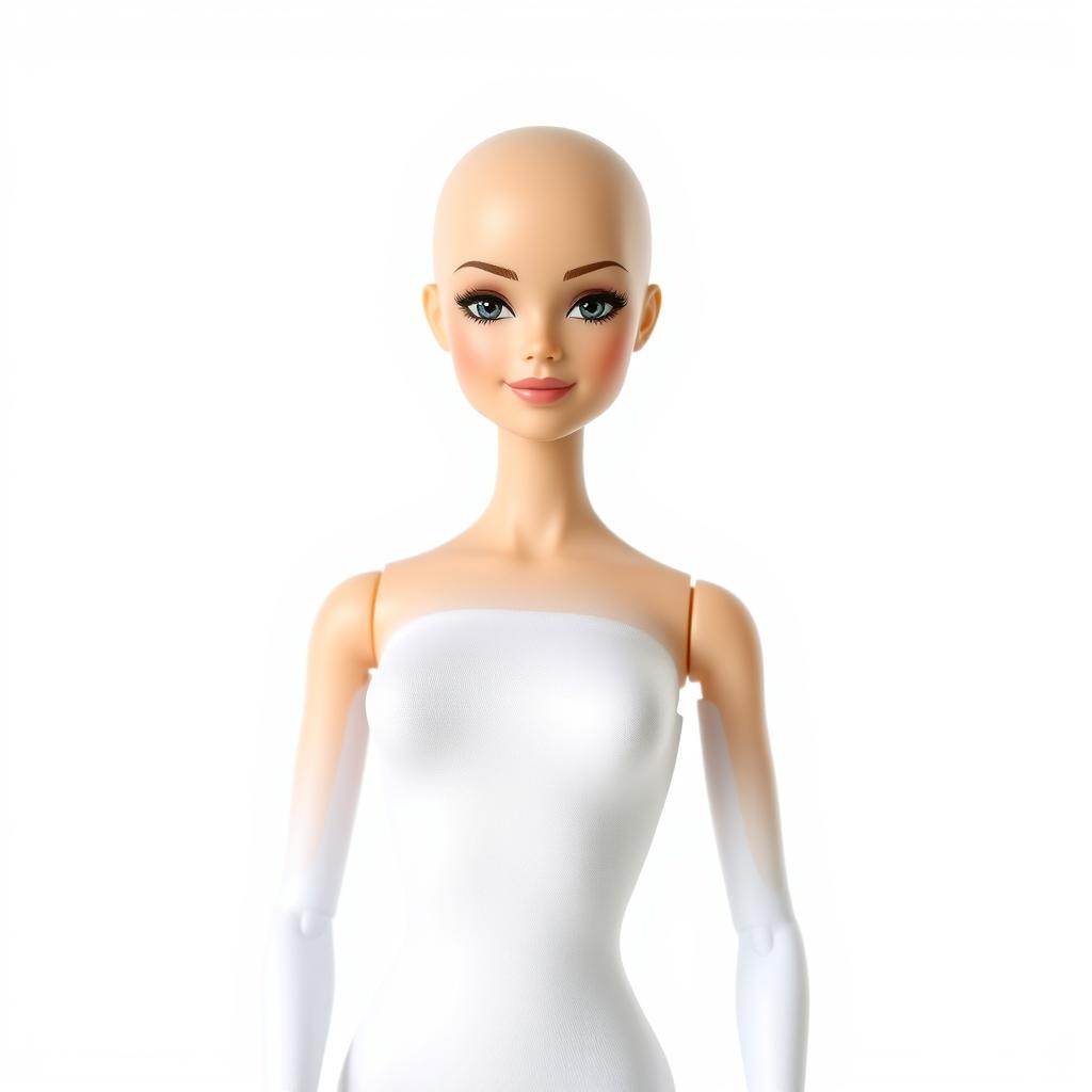 A full-body image of a bald Barbie doll dressed exclusively in a sleek, form-fitting white bodysuit