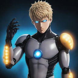 Genos from One Punch Man, with his mechanical, cybernetic arms and glowing blue eyes, ready for action.