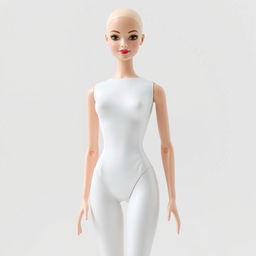 A full-body image of a bald Barbie doll dressed exclusively in a sleek, form-fitting white bodysuit