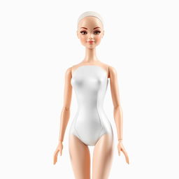 A full-body image of a bald Barbie doll dressed exclusively in a sleek, form-fitting white bodysuit