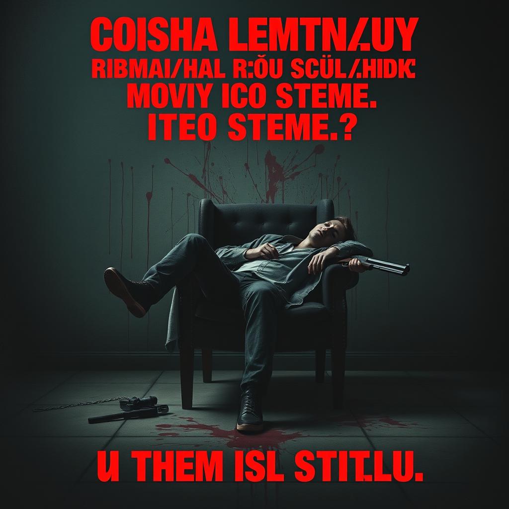 A chilling poster featuring a man slumped in a chair, having committed suicide with a shotgun, with a dark and somber background