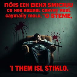 A chilling poster featuring a man slumped in a chair, having committed suicide with a shotgun, with a dark and somber background