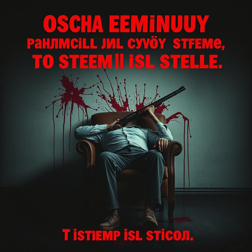 A chilling poster featuring a man slumped in a chair, having committed suicide with a shotgun, with a dark and somber background