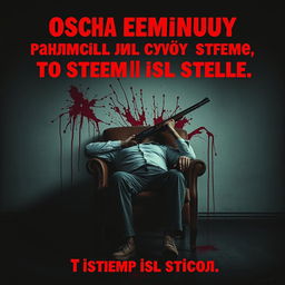 A chilling poster featuring a man slumped in a chair, having committed suicide with a shotgun, with a dark and somber background