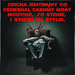 A chilling poster featuring a man slumped in a chair, having committed suicide with a shotgun, with a dark and somber background