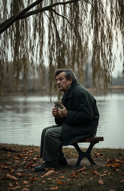 A melancholic scene depicting a lone figure sitting on a bench under a weeping willow tree