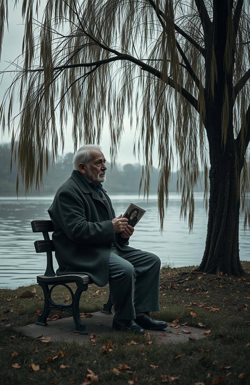 A melancholic scene depicting a lone figure sitting on a bench under a weeping willow tree