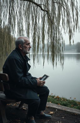 A melancholic scene depicting a lone figure sitting on a bench under a weeping willow tree