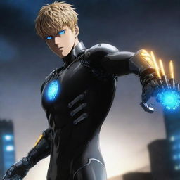 Genos from One Punch Man, with his mechanical, cybernetic arms and glowing blue eyes, ready for action.