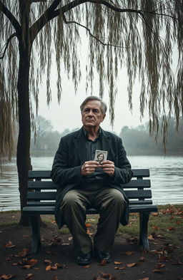 A melancholic scene depicting a lone figure sitting on a bench under a weeping willow tree