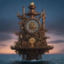 An artistic clockpunk oil rig, teeming with fit-together gears, oscillating pendulums, and a symphony of ticking timepieces, set against the backdrop of a serene ocean under a twilight sky.