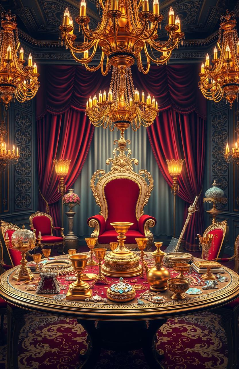 An opulent scene depicting a beautifully decorated royal room filled with lavish treasures