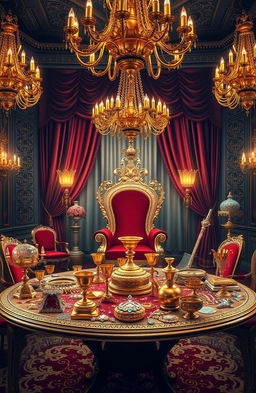 An opulent scene depicting a beautifully decorated royal room filled with lavish treasures