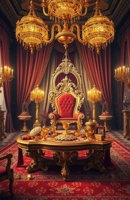 An opulent scene depicting a beautifully decorated royal room filled with lavish treasures