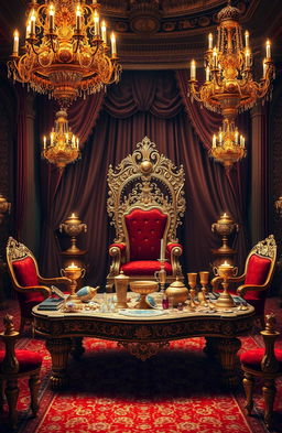 An opulent scene depicting a beautifully decorated royal room filled with lavish treasures