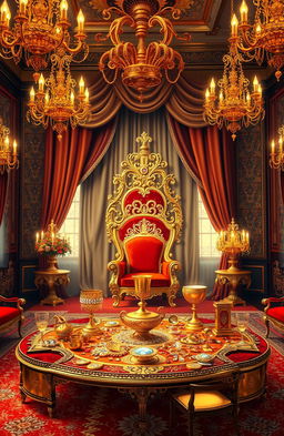 An opulent scene depicting a beautifully decorated royal room filled with lavish treasures