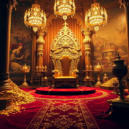 A lavish display of opulence, showcasing an elegant golden throne adorned with intricate carvings, surrounded by sparkling jewels and glowing chandeliers