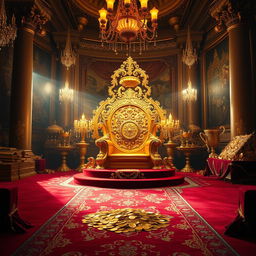 A lavish display of opulence, showcasing an elegant golden throne adorned with intricate carvings, surrounded by sparkling jewels and glowing chandeliers