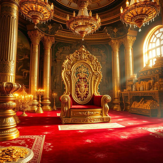 A lavish display of opulence, showcasing an elegant golden throne adorned with intricate carvings, surrounded by sparkling jewels and glowing chandeliers