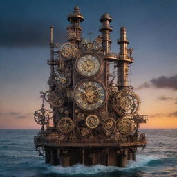 An artistic clockpunk oil rig, teeming with fit-together gears, oscillating pendulums, and a symphony of ticking timepieces, set against the backdrop of a serene ocean under a twilight sky.