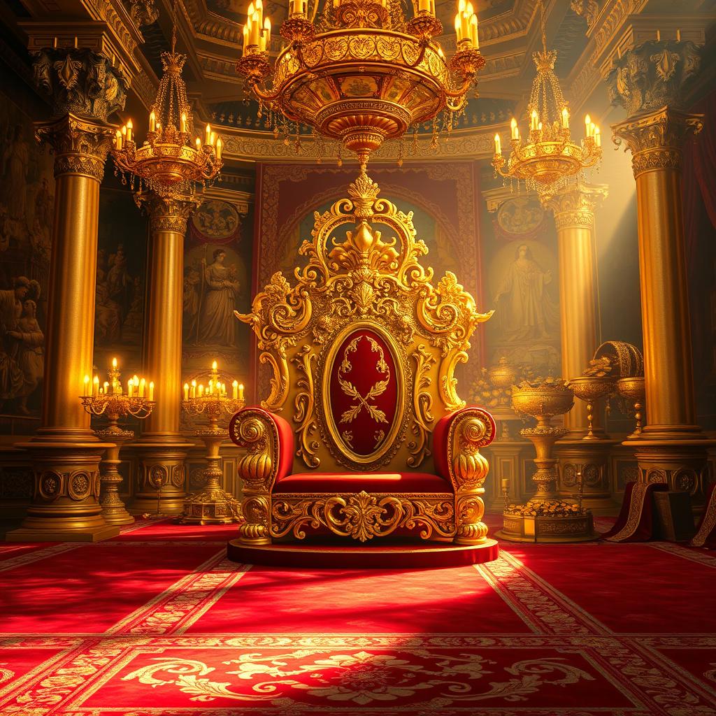 A lavish display of opulence, showcasing an elegant golden throne adorned with intricate carvings, surrounded by sparkling jewels and glowing chandeliers