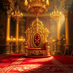 A lavish display of opulence, showcasing an elegant golden throne adorned with intricate carvings, surrounded by sparkling jewels and glowing chandeliers