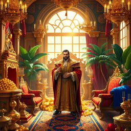 A scene depicting the lavish riches of a regal figure, characterized by a grand palace filled with golden treasures, opulent jewels, intricately designed furniture, and luxurious drapery