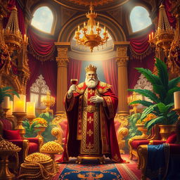 A scene depicting the lavish riches of a regal figure, characterized by a grand palace filled with golden treasures, opulent jewels, intricately designed furniture, and luxurious drapery