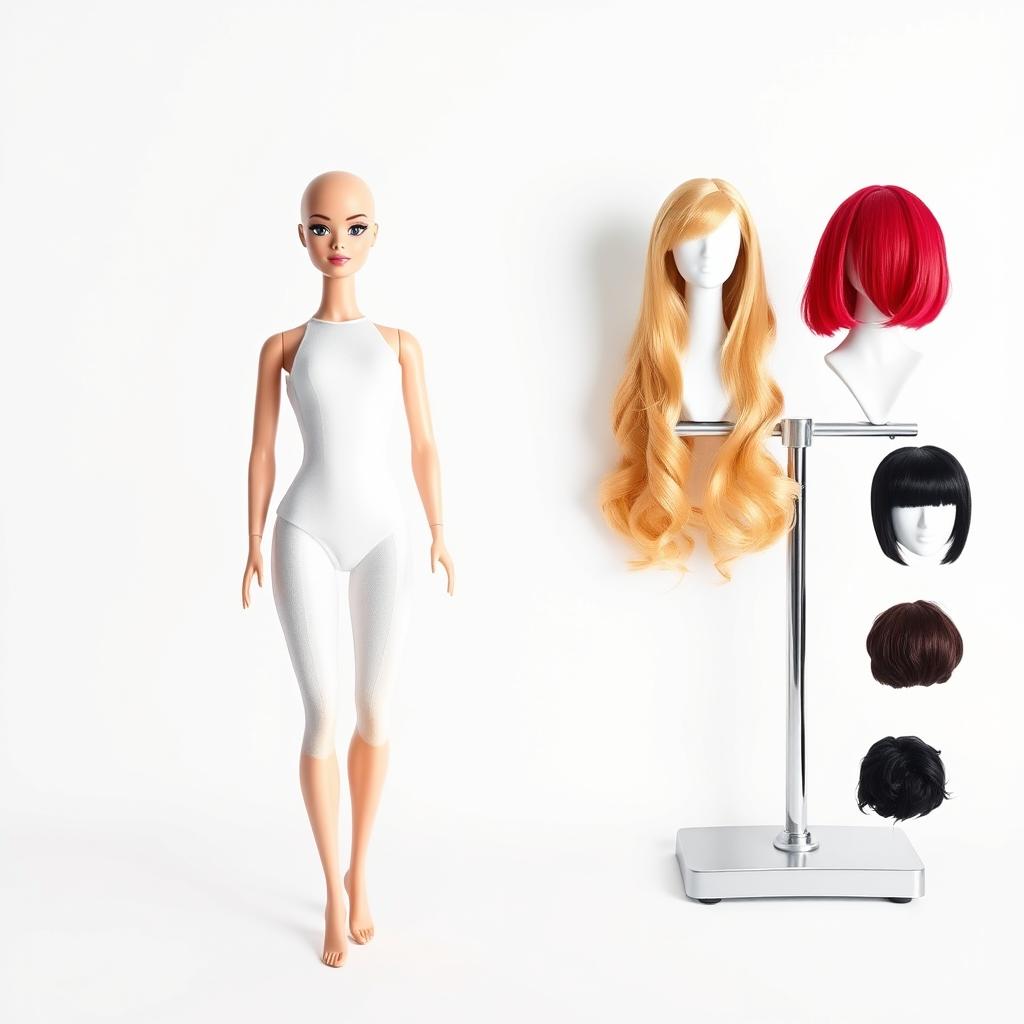 A full-body image of a bald Barbie doll dressed exclusively in a sleek, form-fitting white bodysuit, set against a clean white background