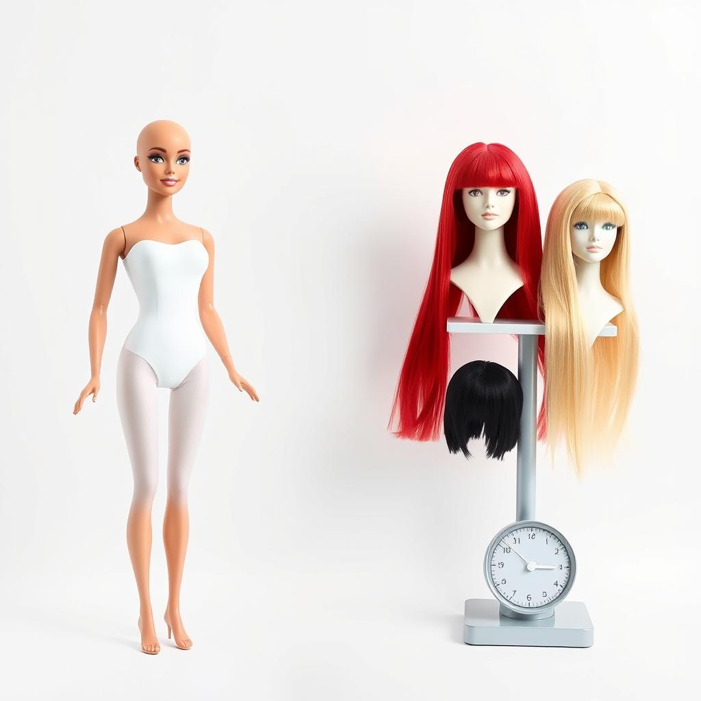 A full-body image of a bald Barbie doll dressed exclusively in a sleek, form-fitting white bodysuit, set against a clean white background