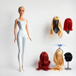 A full-body image of a bald Barbie doll dressed exclusively in a sleek, form-fitting white bodysuit, set against a clean white background