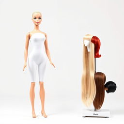 A full-body image of a bald Barbie doll dressed exclusively in a sleek, form-fitting white bodysuit, set against a clean white background