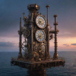 An artistic clockpunk oil rig, teeming with fit-together gears, oscillating pendulums, and a symphony of ticking timepieces, set against the backdrop of a serene ocean under a twilight sky.