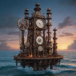 An artistic clockpunk oil rig, teeming with fit-together gears, oscillating pendulums, and a symphony of ticking timepieces, set against the backdrop of a serene ocean under a twilight sky.