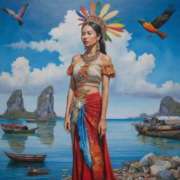 A surrealistic acrylic painting of a Filipina woman. She stands tall in traditional attire, surrounded by fragments of her heritage: the archipelago floats in the sky, a jeepney balances on a sunbird's feather, blending dreamlike elements with reality.