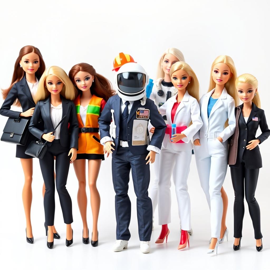 An image featuring eight Barbie dolls each representing different professional roles, displayed together against a clean white background