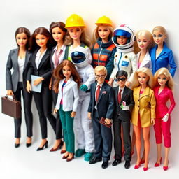 An image featuring eight Barbie dolls each representing different professional roles, displayed together against a clean white background