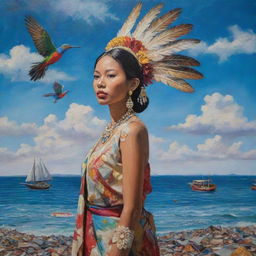 A surrealistic acrylic painting of a Filipina woman. She stands tall in traditional attire, surrounded by fragments of her heritage: the archipelago floats in the sky, a jeepney balances on a sunbird's feather, blending dreamlike elements with reality.