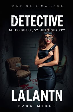 A striking book cover design for a detective murder mystery novel featuring a glamorous woman in a masquerade mask and a formal dress, holding a gun confidently in her hand