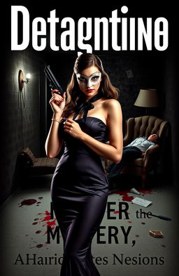 A striking book cover design for a detective murder mystery novel featuring a glamorous woman in a masquerade mask and a formal dress, holding a gun confidently in her hand