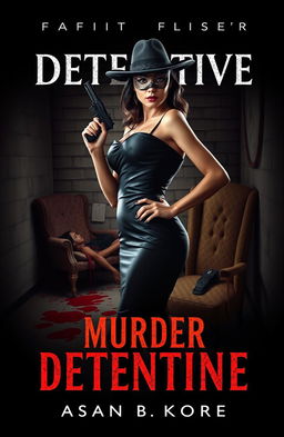 A striking book cover design for a detective murder mystery novel featuring a glamorous woman in a masquerade mask and a formal dress, holding a gun confidently in her hand