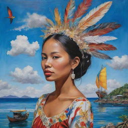 A surrealistic acrylic painting of a Filipina woman. She stands tall in traditional attire, surrounded by fragments of her heritage: the archipelago floats in the sky, a jeepney balances on a sunbird's feather, blending dreamlike elements with reality.