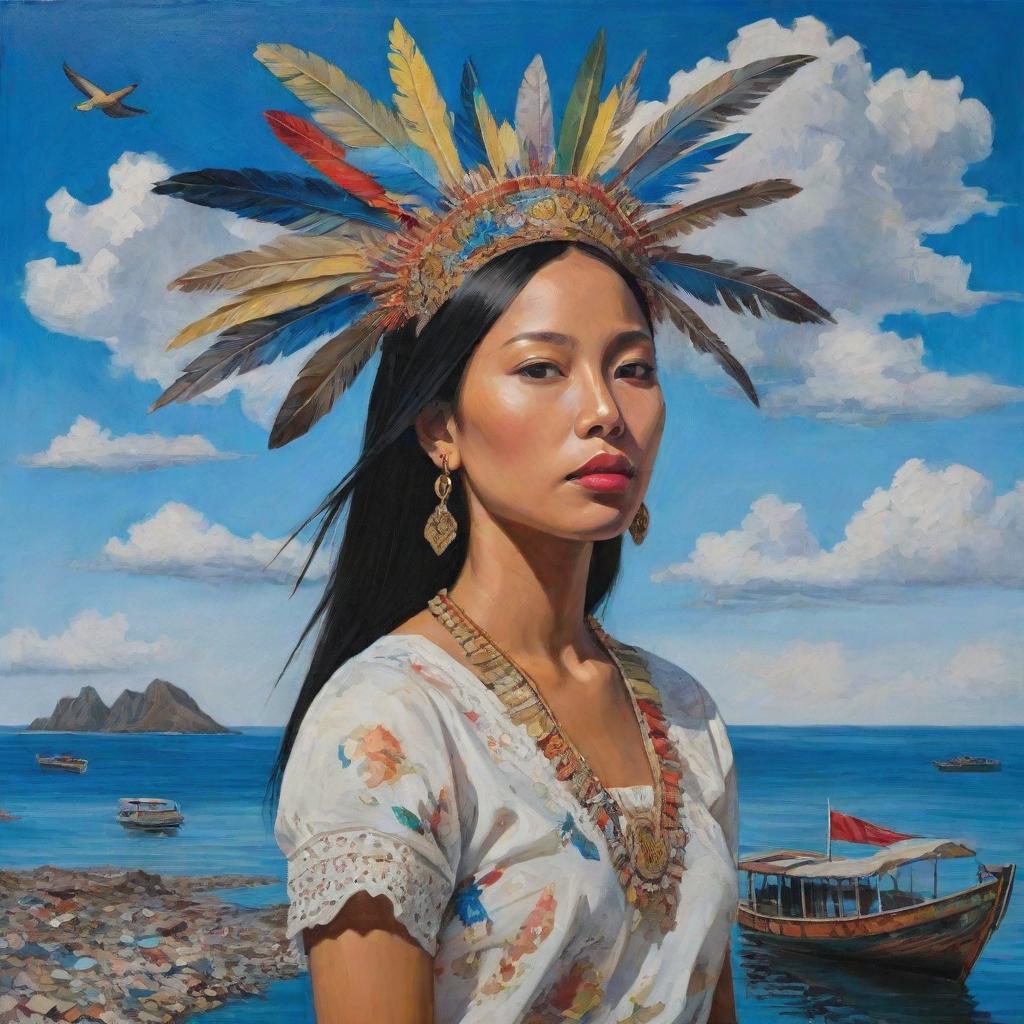 A surrealistic acrylic painting of a Filipina woman. She stands tall in traditional attire, surrounded by fragments of her heritage: the archipelago floats in the sky, a jeepney balances on a sunbird's feather, blending dreamlike elements with reality.