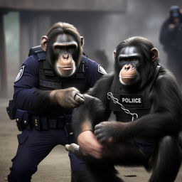 An action-packed scene of tactically trained chimps, wearing minimal gear, skillfully handcuffing a criminal, with police dogs in the vicinity