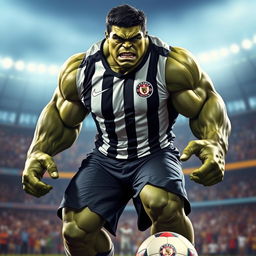 A powerful portrayal of the Hulk wearing the Corinthians football team uniform, showcasing his immense muscular physique