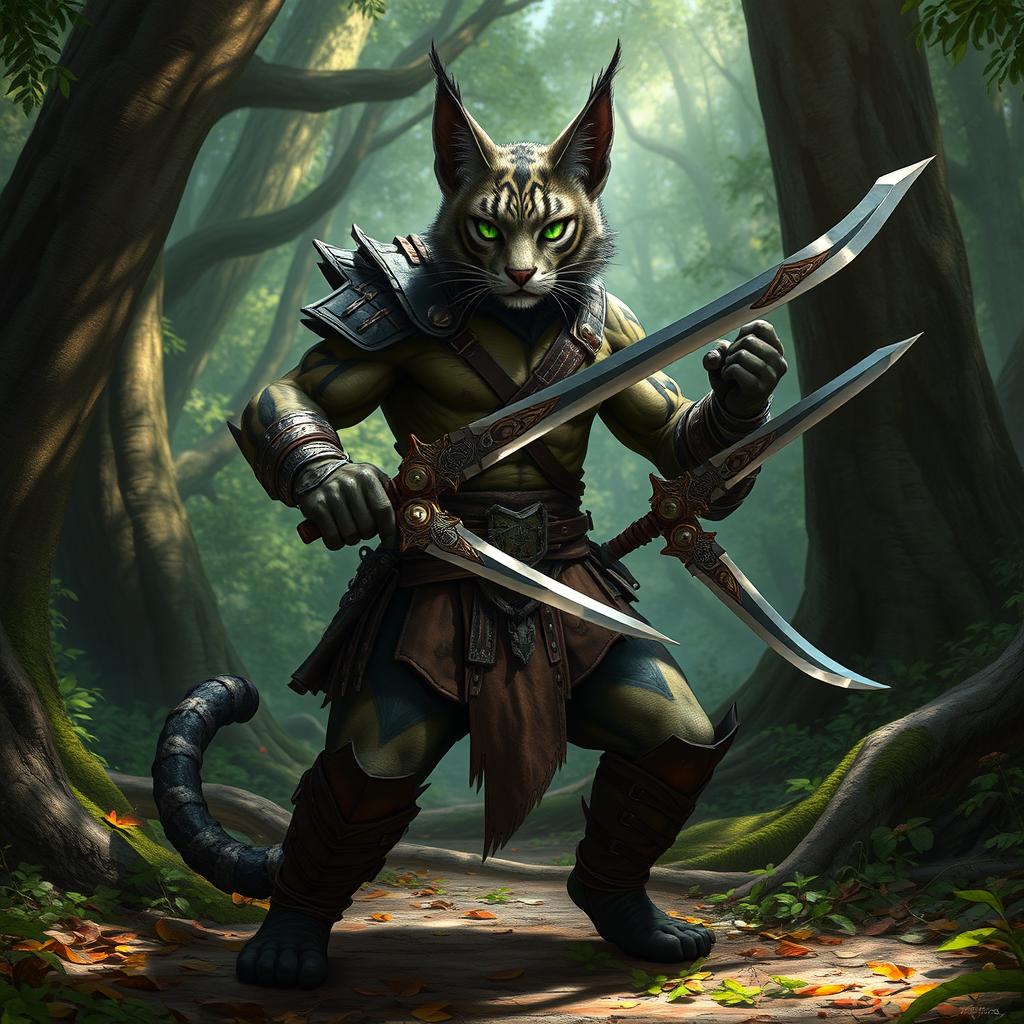 A fierce tabaxi fighter, showcasing a muscular build, standing confidently in sleek leather armor